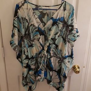 Blue patterned sheer blouse